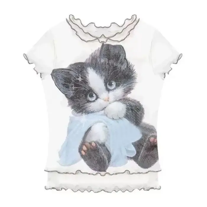 Kawaii T-shirt Femmes Y2k Récolte Hauts Rétro Subculture Imprimé Motif Col Rond Minceur Décontracté Harajuku
