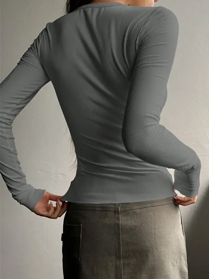 T-shirt côtelé uni à demi-bouton sur le devant pour femmes