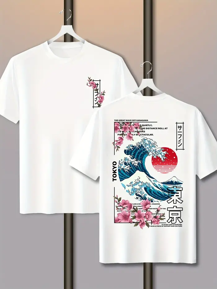 Homme décontracté Tokyo île coucher de soleil vague imprimé 100% coton T-shirt à manches courtes été respirant rue tendance ample confortable