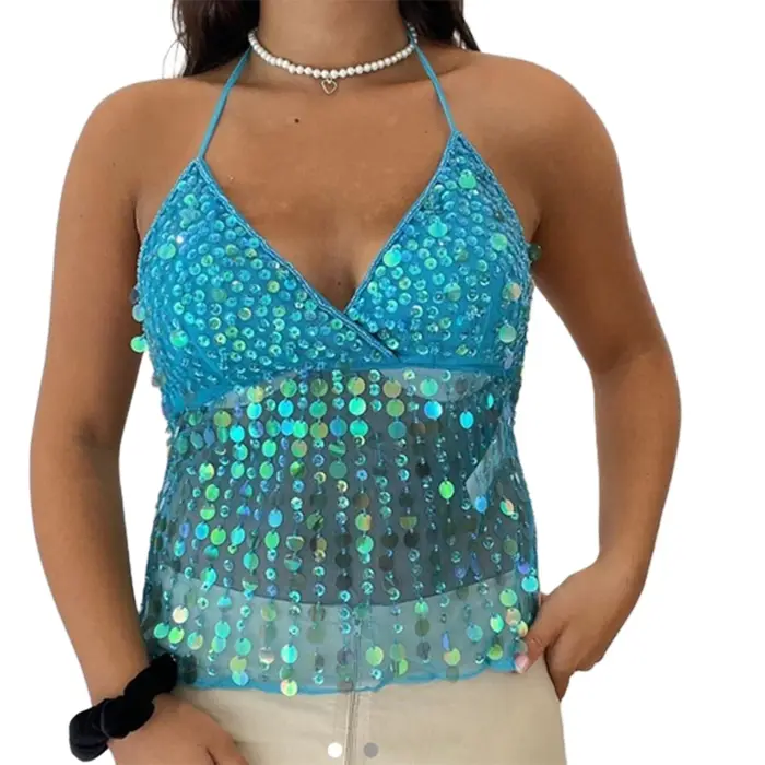 Femmes couleur unie licou cou culture hauts été sans manches col en V dos ouvert coupe ajustée cravate paillettes Camis