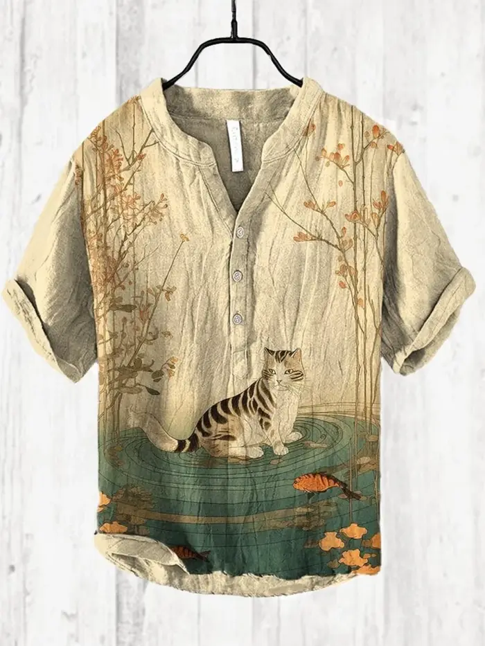 Pull rétro en lin pour hommes, imprimé en 3D, demi-ouvert, 3 boutons, col en v, Polo d'été, à la mod