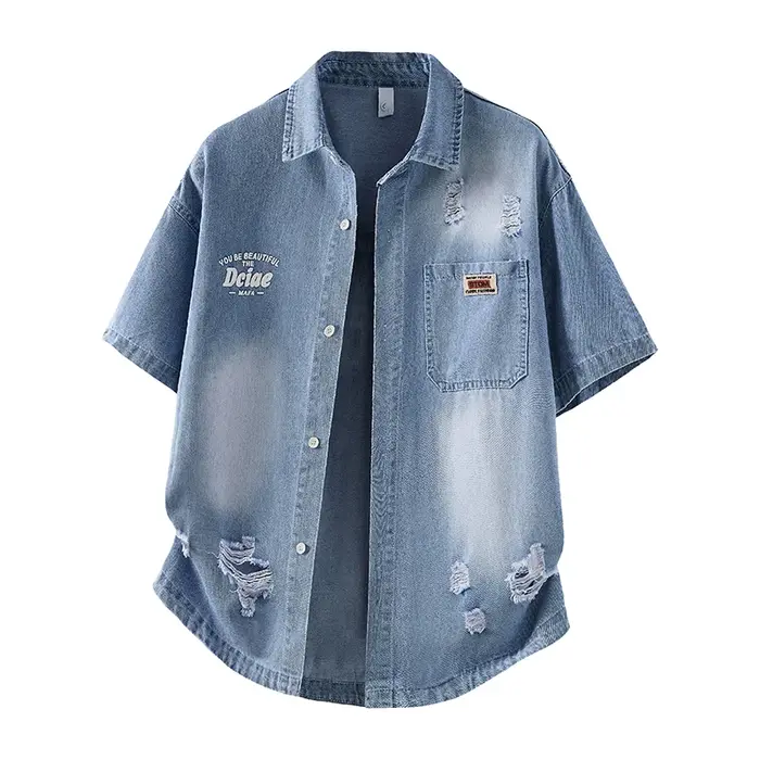 Chemise en jean pour homme, mode estivale, respirante, mélange de coton, manches courtes, tendance s