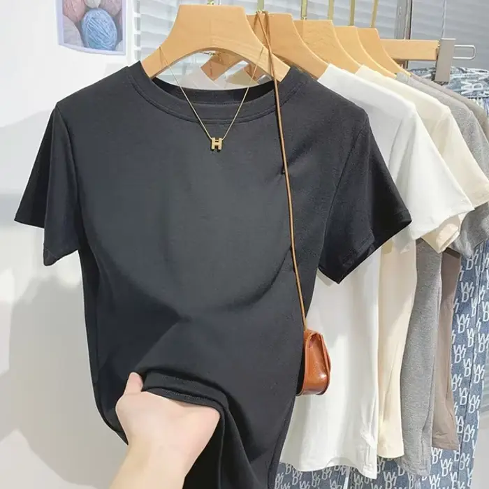 2026 nouveau femmes 100% coton T-shirt fond basique solide dame à manches courtes hauts chemises été