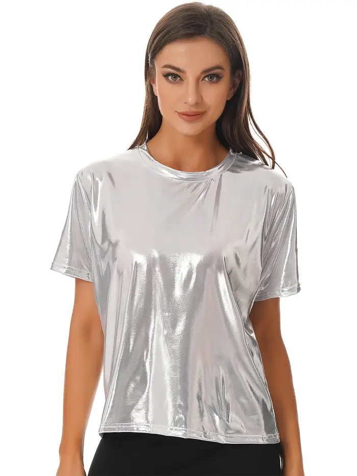 T-shirt métallique brillant à manches courtes pour femmes