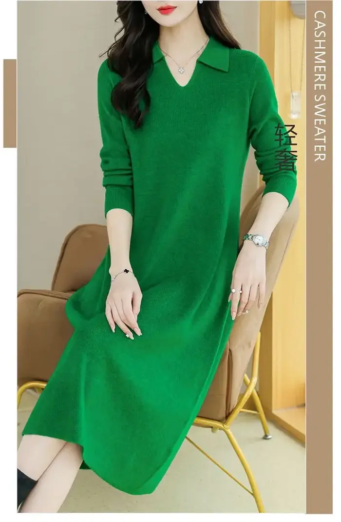Robe verte en tricot à manches longues et col Polo pour femme