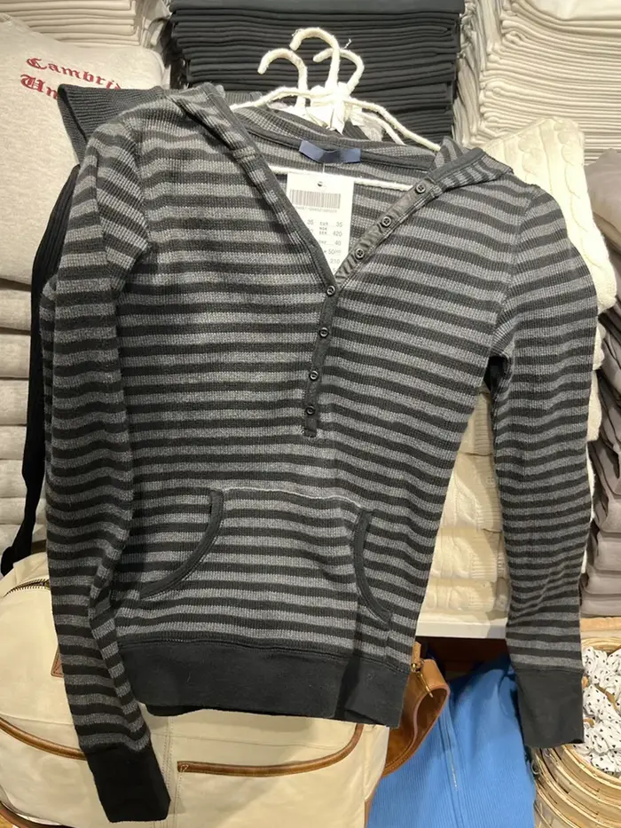 Rayé gaufre à manches longues T-Shirt femme printemps boutons à capuche mince