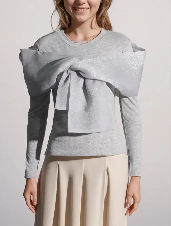 TWOTWINSTYLE Solide Patchwork Bowknot Minceur T-shirt Pour Les Femmes Col Rond À Manches Longues Min