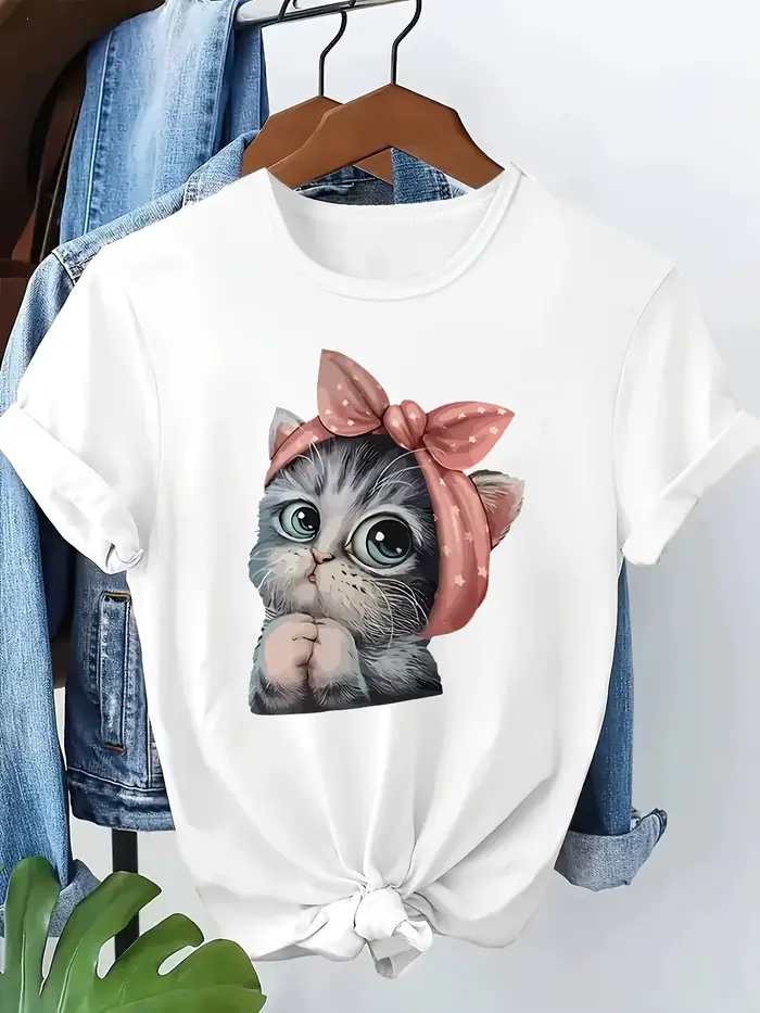 T-shirt pour femme avec motif chat kawaii et nœud