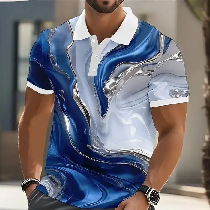 Polo en marbre pour hommes, manches courtes, chemises à col, décontracté, boutons d'athlétisme, été,