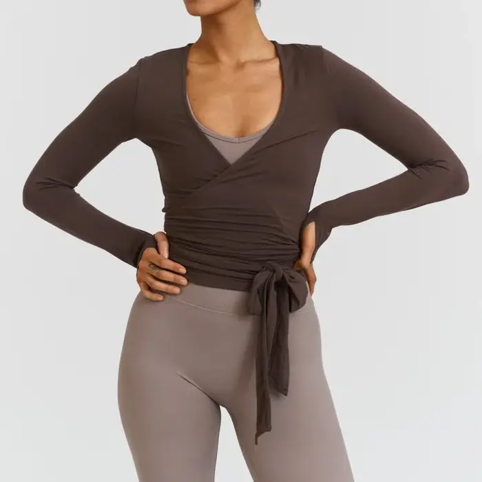 Y2k Ballet Pilates Wrap Top pour femmes entraînement Yoga danse à manches longues Wrap chemise mince