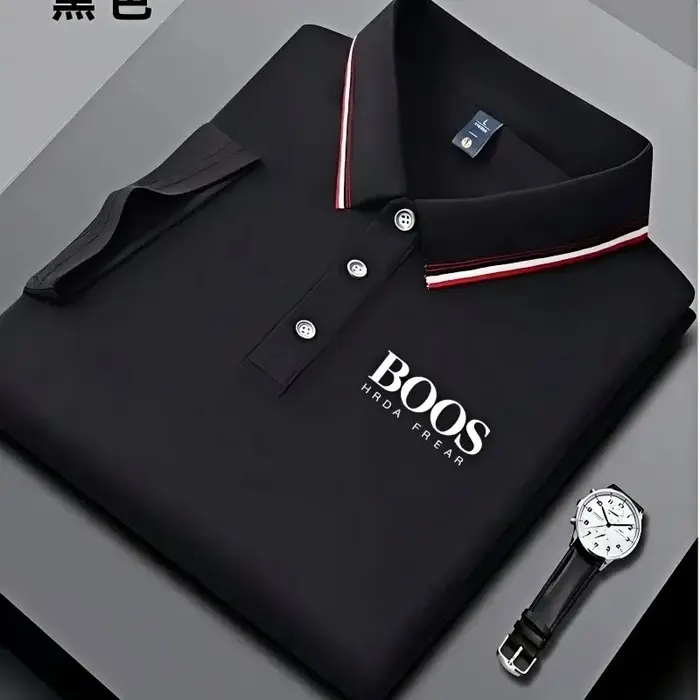 Polo homme business casual à col rayé et imprimé lettres, tissu respirant à manches courtes, matière
