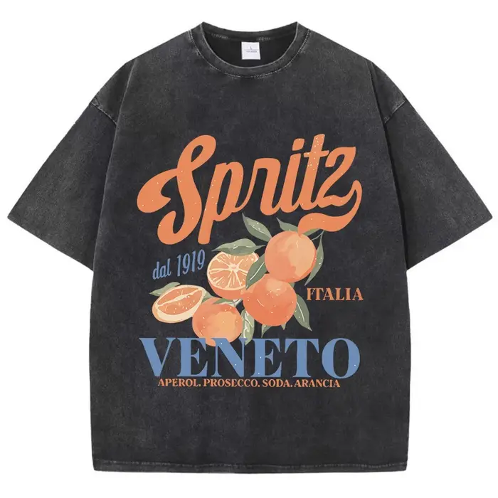 Spritzy Veneto Orange Fruits imprime lavé t-shirts femmes coton T-Shirt en détresse col rond confort
