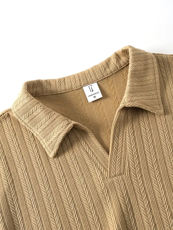 Polo pour homme en tricot jacquard tridimensionnel à manches courtes avec col demi-zip en V