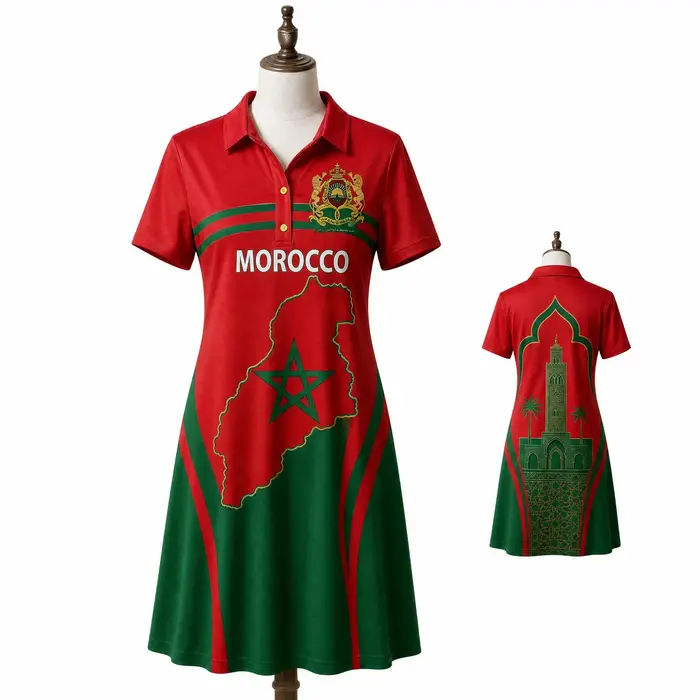 Robe Polo Femme Marocaine Rouge Vert Imprimé Carte Étoiles Manches Courtes Décontractée Coupe Évasée Été Voyage Quotidien Mode Élégante Héritage