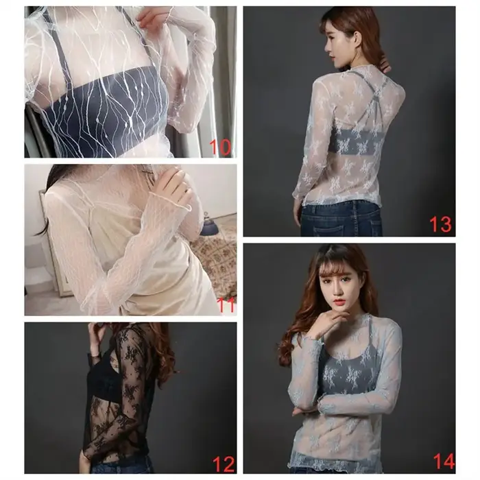 T-shirt à manches longues en dentelle transparente pour femmes et filles