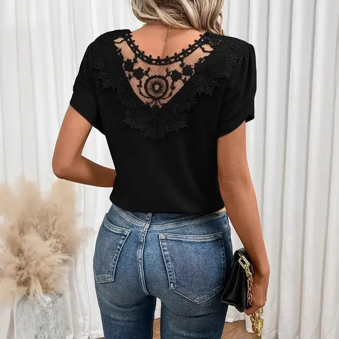 T-shirt femme 2026, nouvelle mode, col en V, double couche, manches courtes à volants, ajouré, vêtem