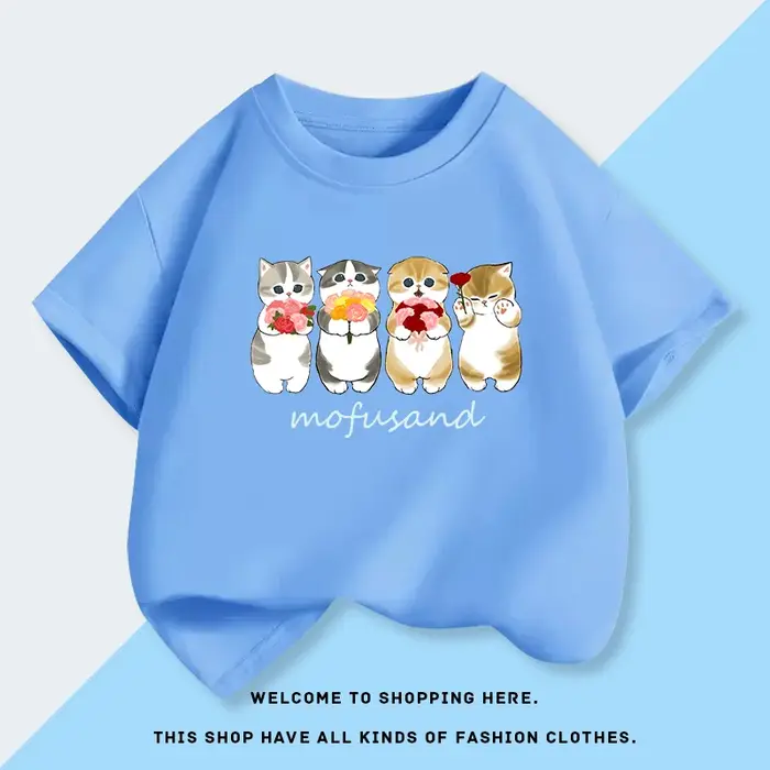 T-shirt à manches courtes confortable en coton avec imprimé de dessin animé de chat Mofusand, nouvelle mode d'été