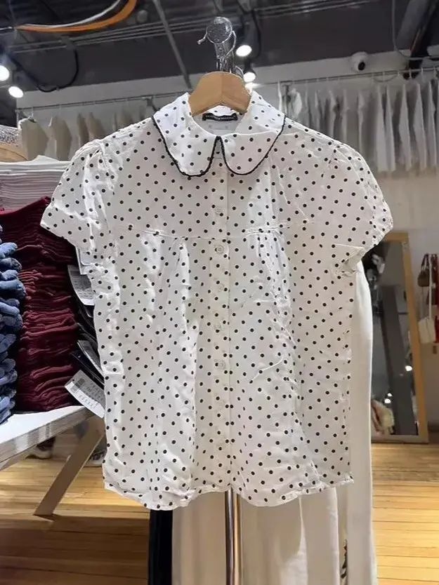 Doux rouge Floral T-shirt Blouse femme été col panoramique simple boutonnage manches courtes t-shirt