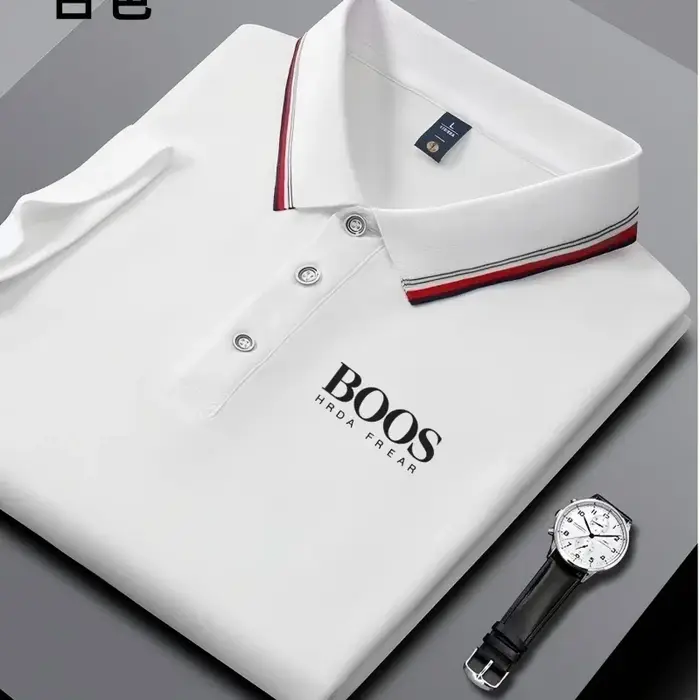 Polo homme business casual à col rayé et imprimé lettres, tissu respirant à manches courtes, matière