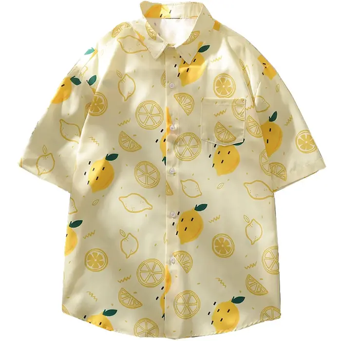 Plage demi manches chemise hommes été nouveau japonais rétro décontracté ample citron imprimé revers manteaux populaire polyvalent femmes mince hauts