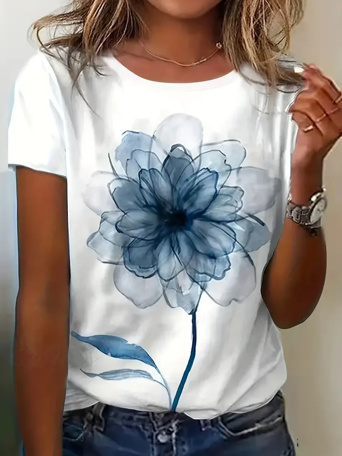 T-shirt imprimé floral vintage pour femme – Fleurs aquarelle bleu et blanc