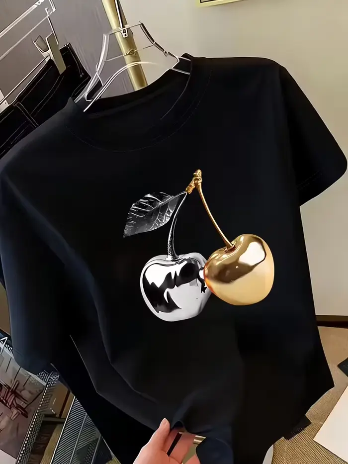 T-shirt à manches courtes pour femme imprimé cerise dorée, tendance, décontracté, tissu doux et conf