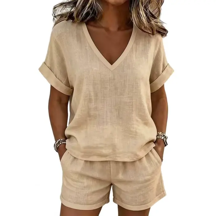 Ensemble T-shirt et Short Femme Col V Manches Courtes Haut et Short 2 Pièces Élégant Été 2026 Tenue 