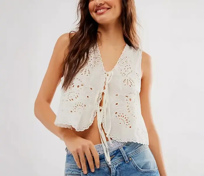 Débardeur brodé à nœud papillon pour femmes, haut court sans manches, col en V, Style français, mign