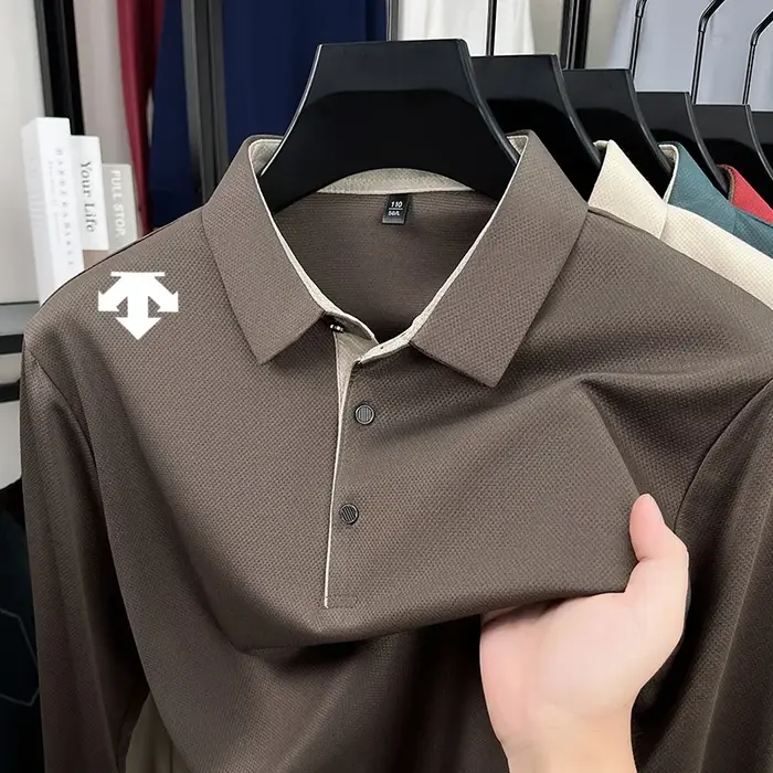 Nouveau Polo Imprimé Décontracté pour Homme, T-shirt à Manches Longues et Col Revers Couleur Unie, Q