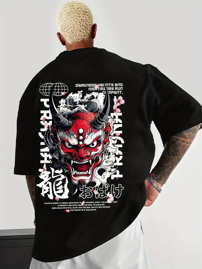 T-shirt rouge avec impression de Hannya Oni Dragon Sakura Kanji au dos, style japonais gothique somb