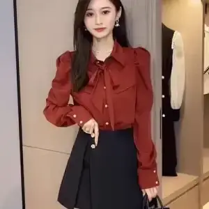 Chemisier élégant à manches bouffantes pour femme, avec col à revers et nœud décoratif, chemise tend