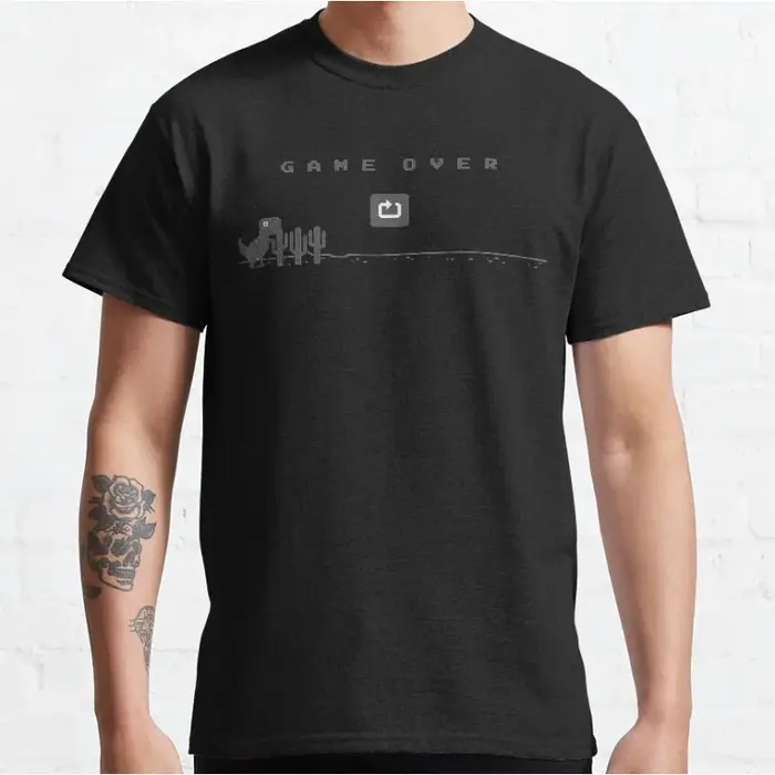 Game over drôle hors ligne t rex 90s dessin animé pixel jeu vidéo dinosaure T-shirt pour hommes grande taille hauts pour adultes S-6xl