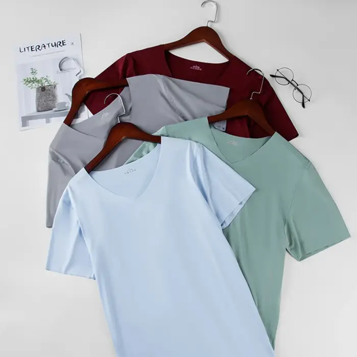 Chemise Slim pour hommes chemises de base en soie glacée couleur unie respirant sans couture T-shirt
