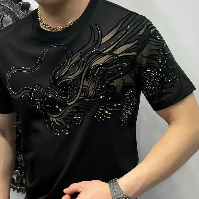 T-shirt à Manches Courtes et Quart pour Homme, Vêtement Esthétique Y2k, Imprimé Noir, Dessin, Nouvea