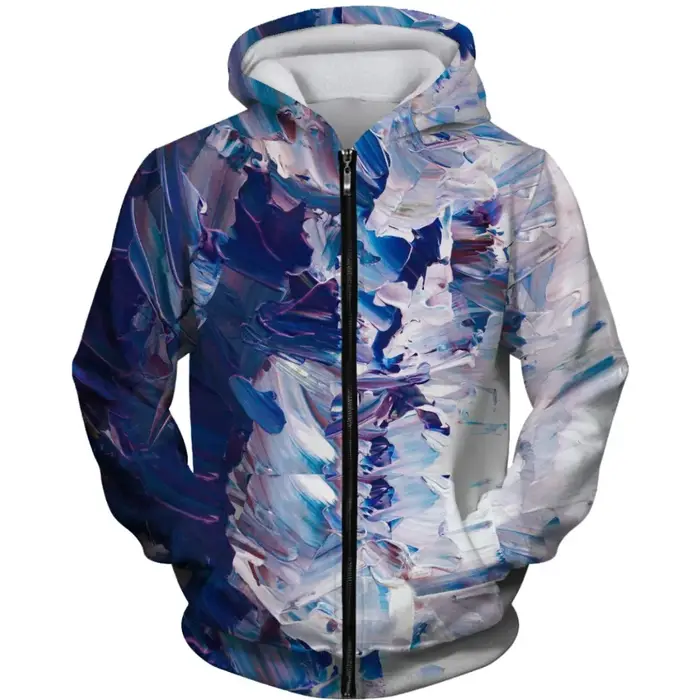 Sweat à capuche zippé d'art abstrait bleu violet vert motif aquarelle imprimé sweat-shirt streetwear décontracté