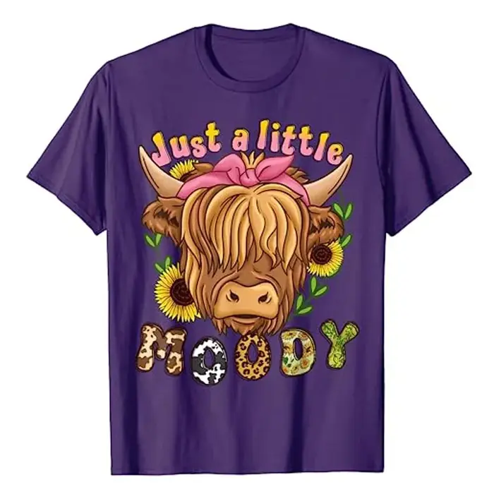 T-shirt imprimé floral pour femme, t-shirt graphique, chemisiers à manches courtes, mignon, mode, amoureux des animaux, vache Highland