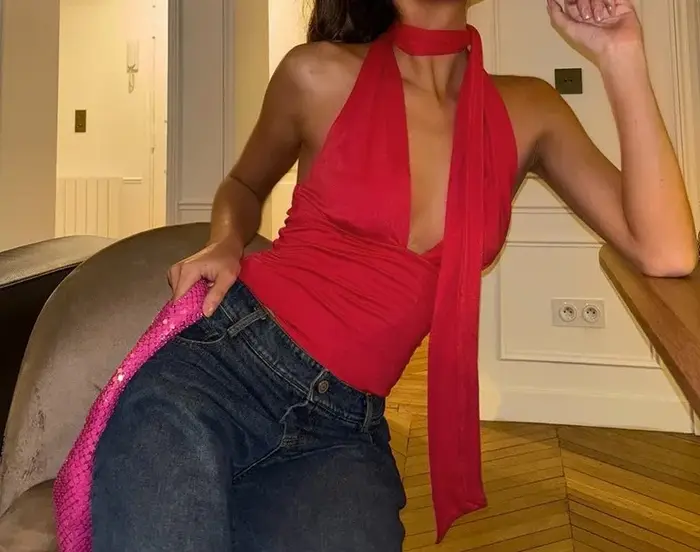 Débardeur Halterneck Femme Nouvelle Collection Été Couleur Unie Décolleté Plongeant à Lacets Sexy Sans Manches Dos Nu