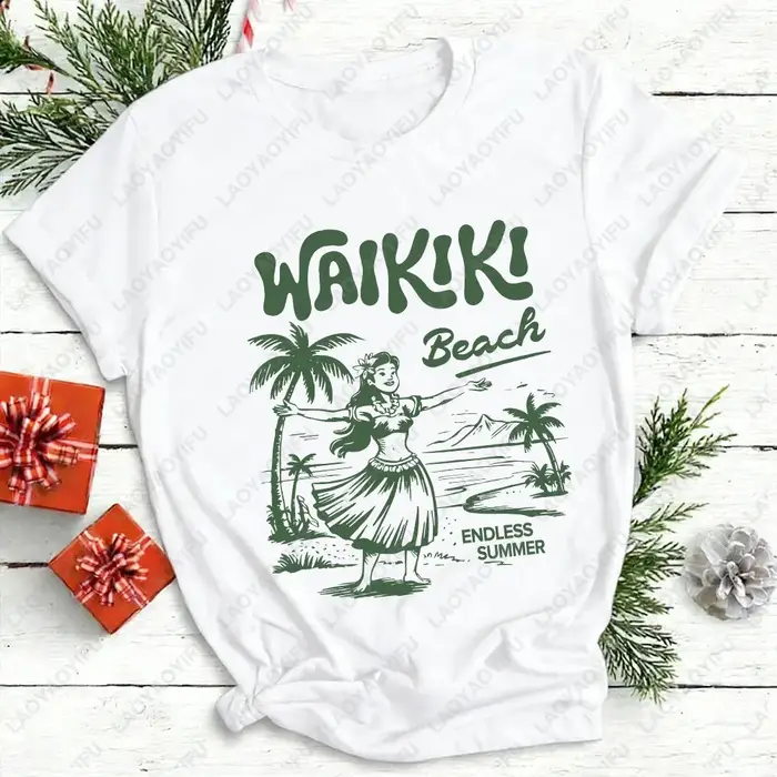 Waikiki chemise de plage Hawaii graphique T-Shirt Hula Girl Vintage île