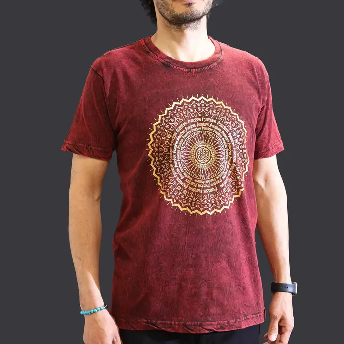 Nomad Sari Stonewashed Cotton T-Shirt - Mandala - Maroon - Medium