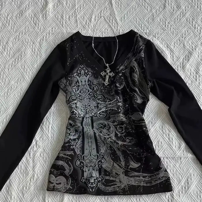 Femmes Hip hop 90s Vintage Punk T-Shirt automne Streetwear Sexy à manches courtes gothique mince haut court Hotgirl