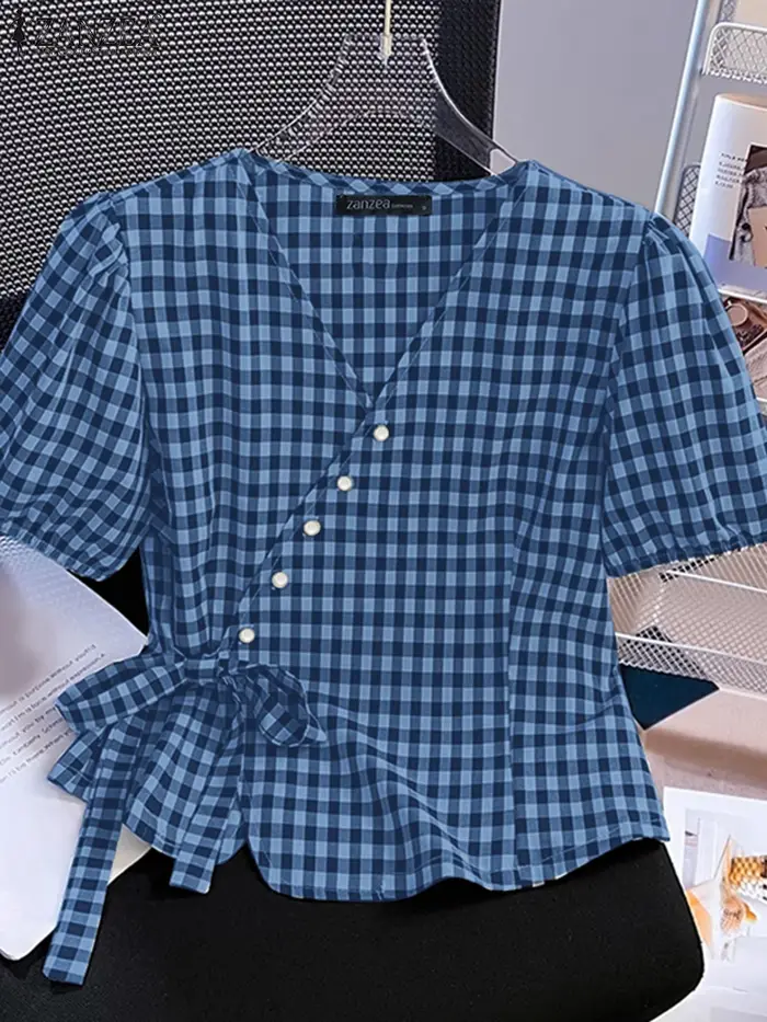 ZANZEA manches courtes bouffantes Vintage Blouses taille nouée décontracté été col en v Peplum hauts femmes vichy élégant enveloppé chemises