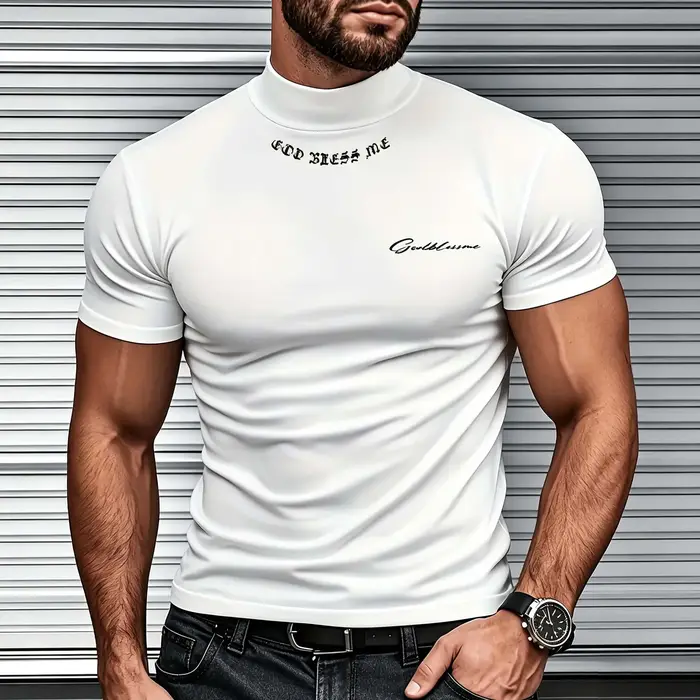 T-shirt homme à col montant et manches courtes, imprimé lettres cursives gothiques, coupe ajustée, e