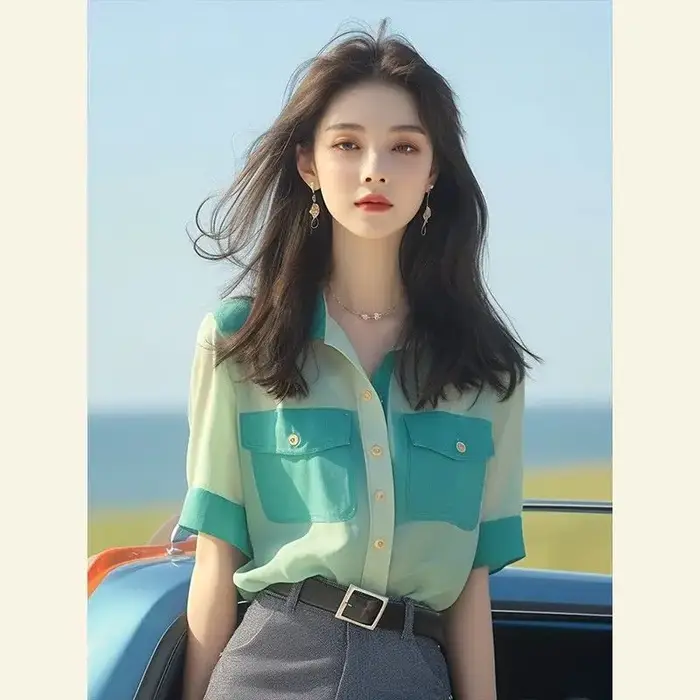 Haut en mousseline de soie française, boutons d'épissure de couleur contrastée, chemise polyvalente 