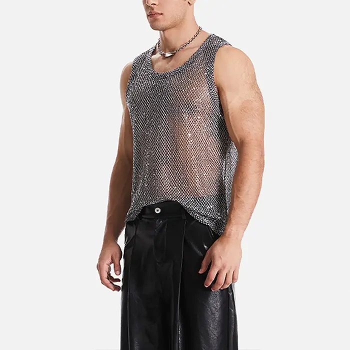 Débardeur en maille ajourée pour hommes, gilets à la mode, pompon, sans manches, Streetwear, Perspec