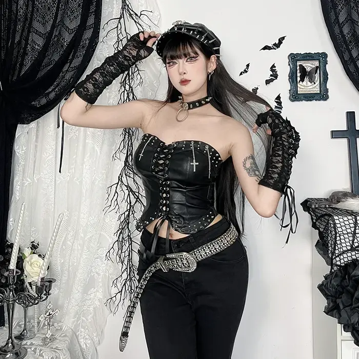 Gothique Style foncé Punk sangle rigged haut 2025 nouveau Sexy mince