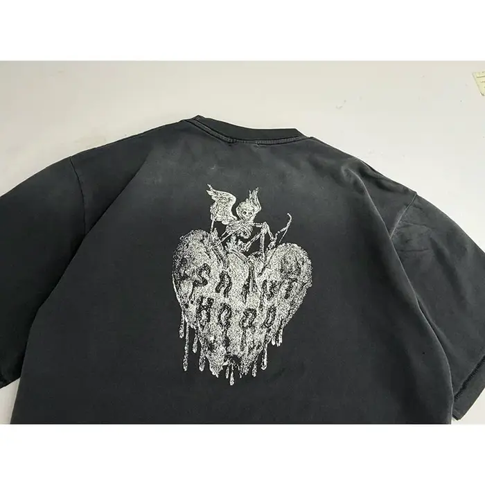 Vintage lavé noir Streetwear Saint capuche T-Shirt hommes femmes surdimensionné ange crâne amour imprimé Splash-encre