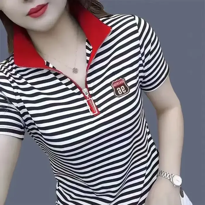 Polo col chemise pour femmes graphique Baggy femme T rayé vêtements pour femmes tendance 2025 ventes