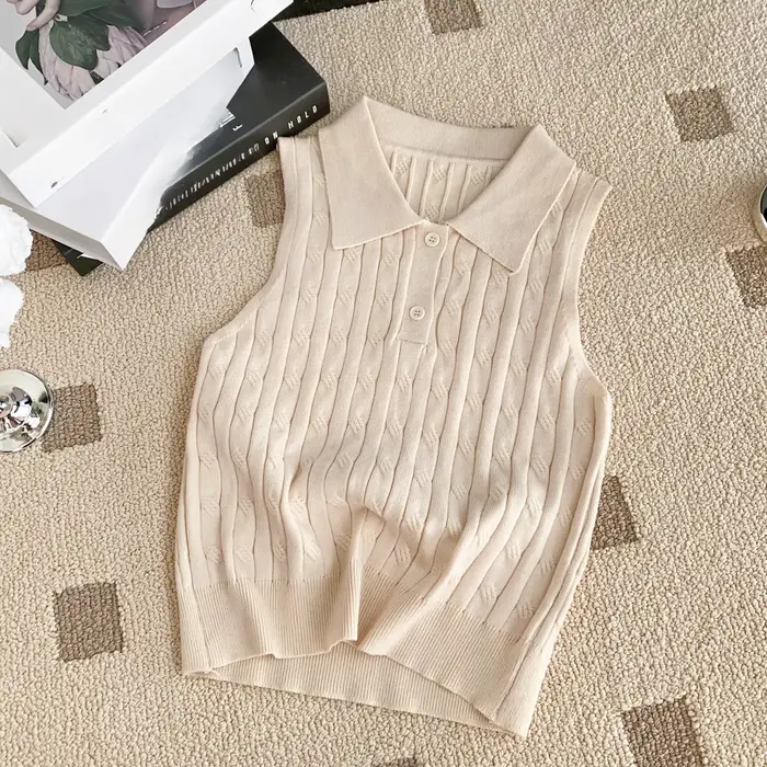 REALEFT été col Polo femmes tricoté T-shirts 2025 nouveau solide sans manches boutons tricots décontracté mince débardeurs femme