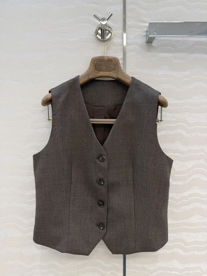 Gilet marron à col en V et simple boutonnage pour femme, coupe ajustée, décontracté, pour le bureau