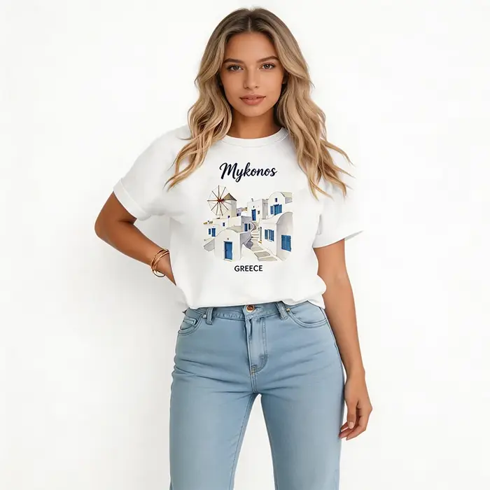T-shirt décontracté à manches courtes pour femmes avec imprimé Santorin Grèce